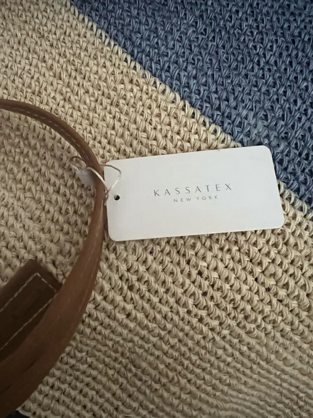 Kassatex Two-Tone Straw Tote in Natural and Blue with Tan Handles - Picture 3 of 6